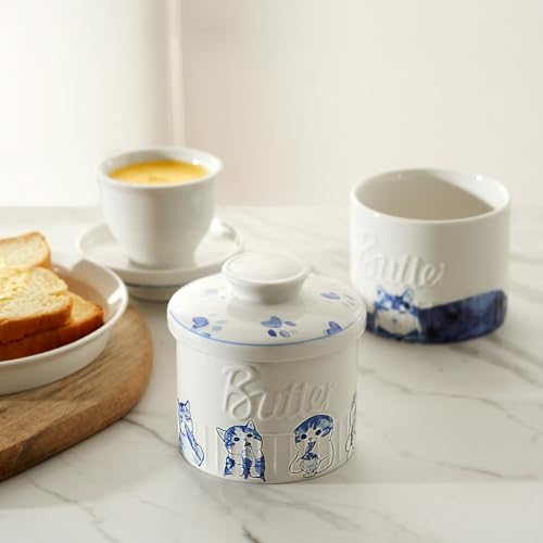 Toptier Butter Crock for Counter With Water Line, On Demand Spreadable Butter, Ceramic Butter Keeper to Leave On Counter, French Butter Dish with Lid (Hungry Cat) - Image 5