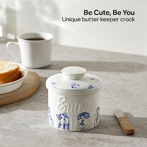 Toptier Butter Crock for Counter With Water Line, On Demand Spreadable Butter, Ceramic Butter Keeper to Leave On Counter, French Butter Dish with Lid (Hungry Cat) - Image 2