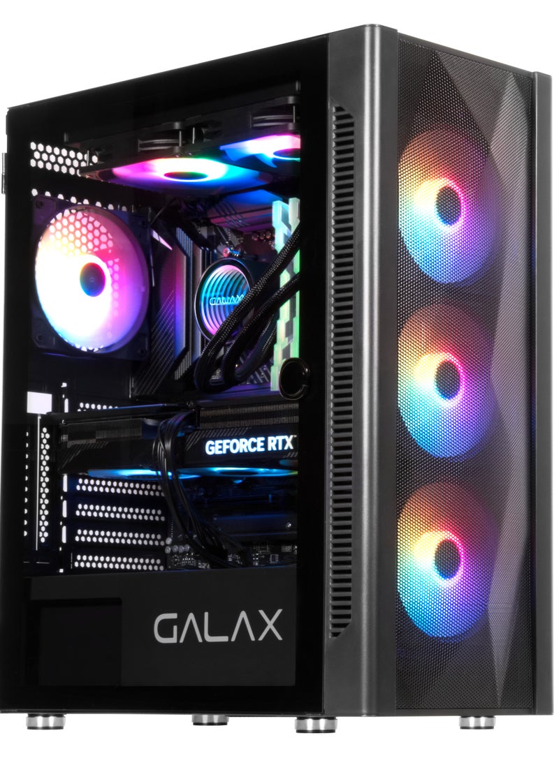 حافظة كمبيوتر GALAX (REV-06)، 4 مراوح تجميع RGB مسبقة التثبيت، تصميم هريس بسيط، ATX، M-ATX، ITX، 4 مراوح ARGB، ATX، M-ATX، ITX، اللوحة الأمامية - ABS، غطاء شبكي، اللوحة العلوية - غطاء معدني، زجاج مقسّى على اليسار، غطاء معدني على اليمين، 3.5 بوصة (HDD)-2، 2.5 بوصة (SSD)-3، أزرار إدخال/إخراج -2، منفذ(ات) USB1.1-0، منفذ(ات) USB2.0-2، منفذ(ات) USB3.0-1، دعم صوت عالي الدقة-1، دعم تبريد مائي (بحجم المبرد) | أسود