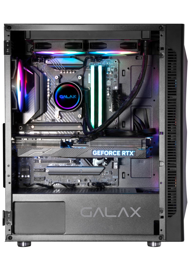 حافظة كمبيوتر GALAX (REV-06)، 4 مراوح تجميع RGB مسبقة التثبيت، تصميم هريس بسيط، ATX، M-ATX، ITX، 4 مراوح ARGB، ATX، M-ATX، ITX، اللوحة الأمامية - ABS، غطاء شبكي، اللوحة العلوية - غطاء معدني، زجاج مقسّى على اليسار، غطاء معدني على اليمين، 3.5 بوصة (HDD)-2، 2.5 بوصة (SSD)-3، أزرار إدخال/إخراج -2، منفذ(ات) USB1.1-0، منفذ(ات) USB2.0-2، منفذ(ات) USB3.0-1، دعم صوت عالي الدقة-1، دعم تبريد مائي (بحجم المبرد) | أسود
