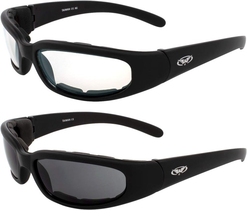 Global Vision Chicago Padded Motorcycle Riding Sunglasses 2 Pack Black Frames Clear & Smoke Lenses - Image 1