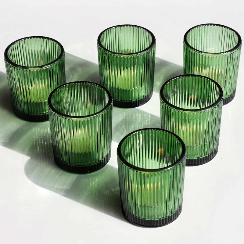 VOHO 12pcs Candle Holder Ribbed Glass Green Votive Candle Holders for Wedding Party Table Centerpieces Glass Tealight Candle Holder for Birthday Gift21 x 26 Green