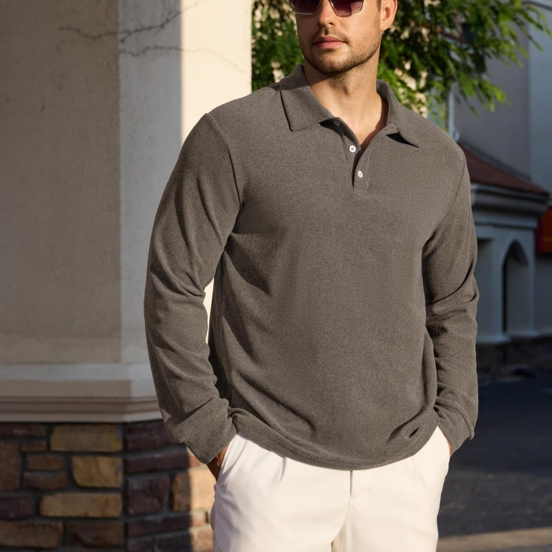 Opomelo Men's Casual Polo Shirts Long Sleeve Basic Thermal Pullover Tops Classic Collar Solid Golf Shirts Brown - Image 2