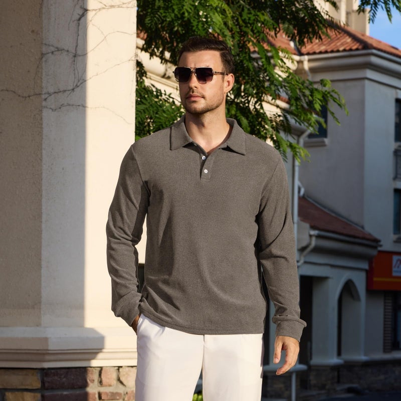 Opomelo Men's Casual Polo Shirts Long Sleeve Basic Thermal Pullover Tops Classic Collar Solid Golf Shirts Brown - Image 5