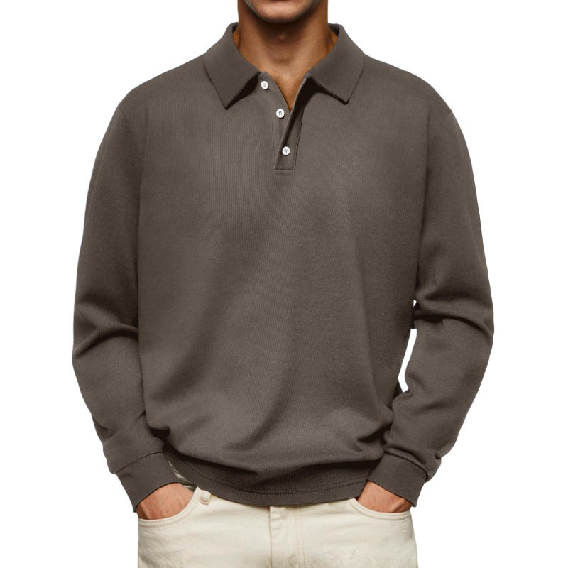 Opomelo Men's Casual Polo Shirts Long Sleeve Basic Thermal Pullover Tops Classic Collar Solid Golf Shirts Brown - Image 1