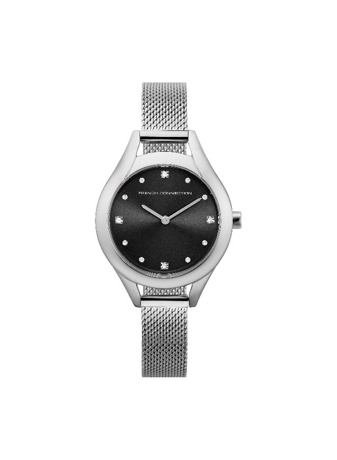 French Connection Women's Black Dial Silver Stainless Steel Bracelet Analog Watch 34mm - Image 1