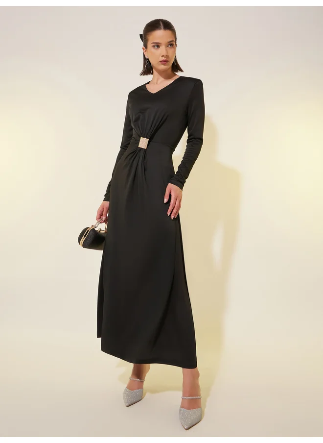 تايك تو Take Two Solid V-Neck Embellished Button Maxi Dress