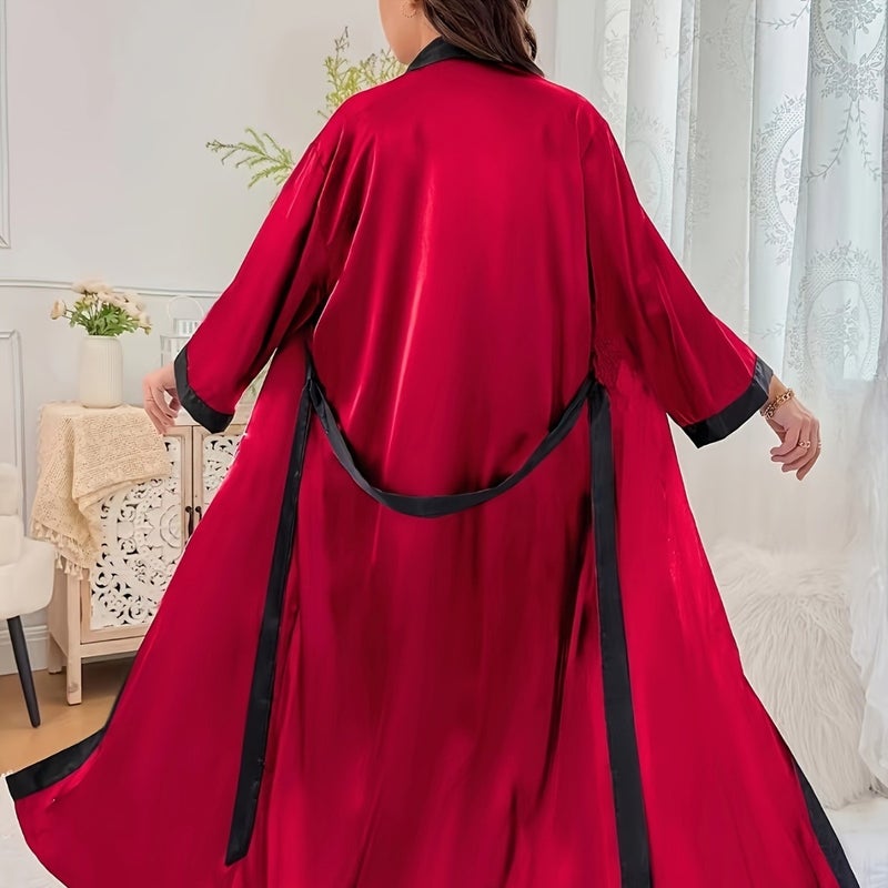 فستان نوم للنساء بحجم كبير لون أحمر سادة بصف أسود مريح وعصري - Image 5