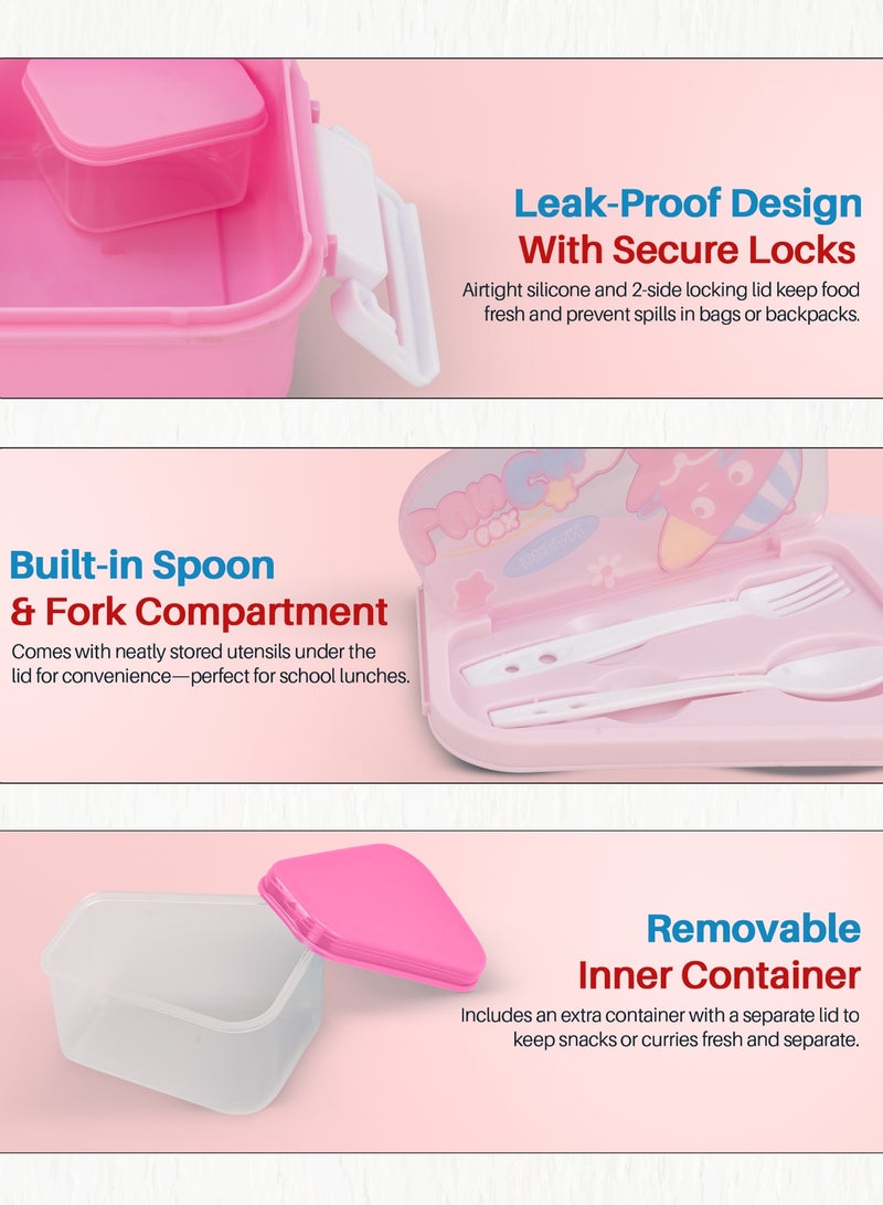 BAYBEE 750 ML Kids Lunch Box For Kids with 2 Compartments Bento Box for Kids & Toddlers With Spoon and Fork, Sauce container | Easy Clean Safe Leakproof School Tiffen Box For Kid Pink - Image 4