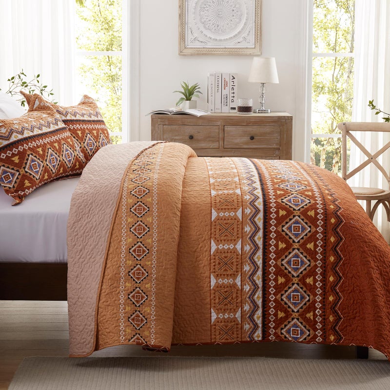 LEAONME 2 Pieces Twin Size Quilt Set Burnt Orange Rust Bohemian Bedspread Coverlet Lightweight Microfiber Bedding Set 68x86 Inch Bed Cover for All Seasons (1 Quilt, 1 Pillow Sham) - Image 3