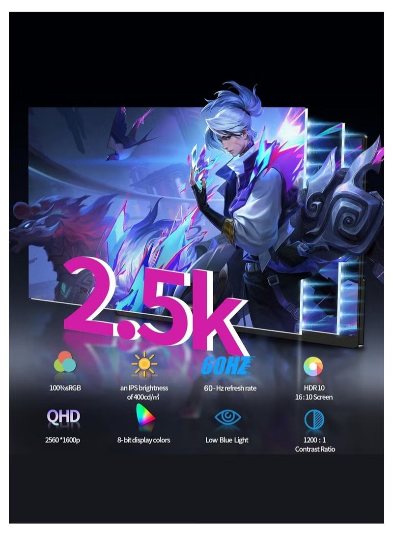 HILUKE 2.5K Portable Monitor 14 Inch with HDR: Ultra-Thin IPS Screen, USB-C & HDMI Plug and Play, Includes Smart Stand Cover, for Laptop, PC, Mac, Phone, and Xbox - Image 3