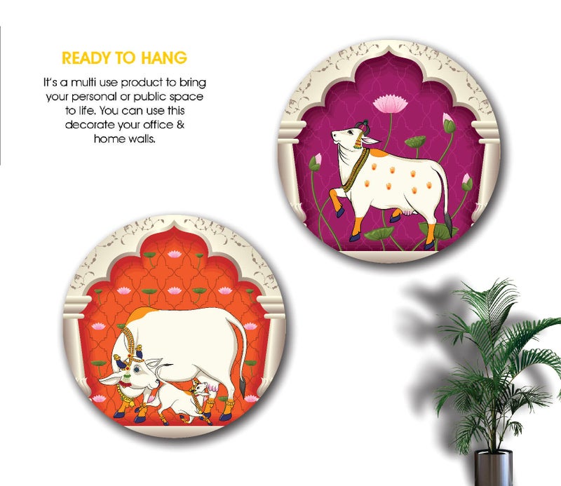 SAF Wood Round Shape Pichwai Cow Art Mdf Wall Painting For Living Room 12X12 Inch Lrb18-L2 - Image 3