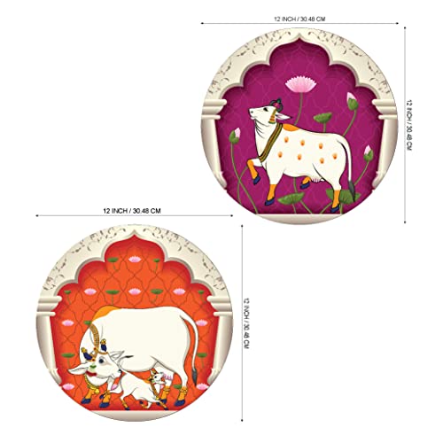 SAF Wood Round Shape Pichwai Cow Art Mdf Wall Painting For Living Room 12X12 Inch Lrb18-L2 - Image 2