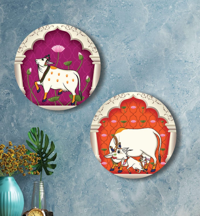 SAF Wood Round Shape Pichwai Cow Art Mdf Wall Painting For Living Room 12X12 Inch Lrb18-L2 - Image 5