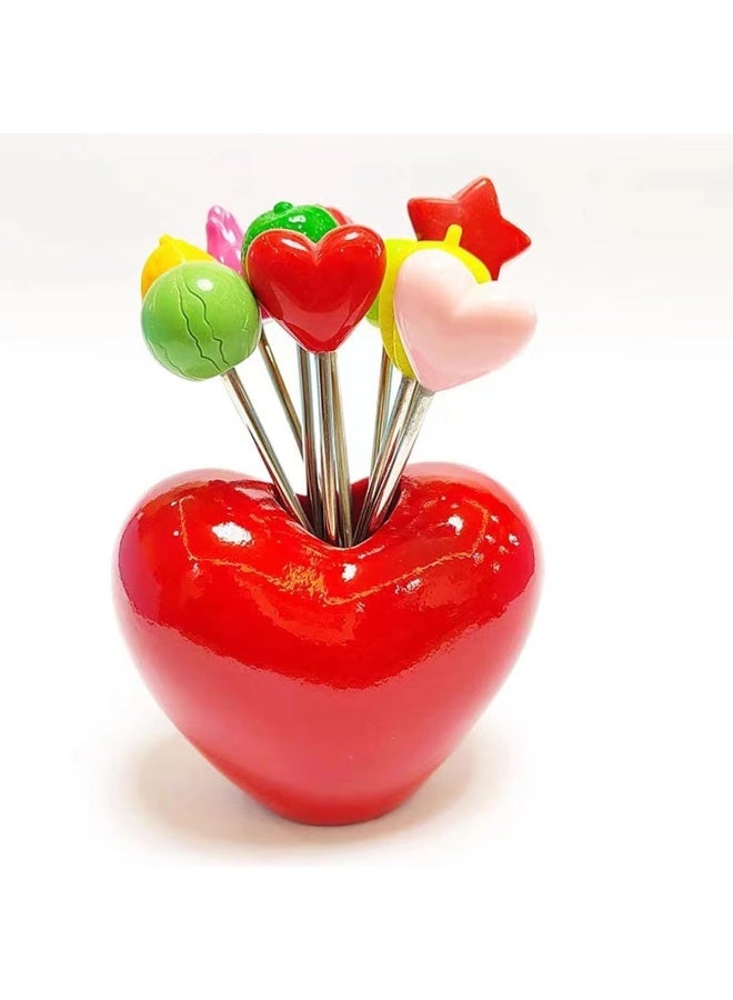 Fruit Forks, Salad Forks with Stainless Steel, Children's Food Pick Fork Holders, Repeated Use of Fruit Forks to Decorate Cute Creative, 10 Different Fruit Forks and 1 Love Holder - Image 1
