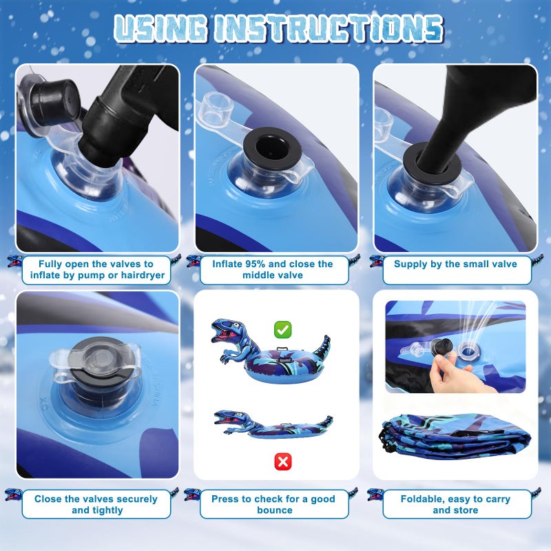 BSIEZC Dinosaur Snow Tube, Inflatable Snow Tube Snow Sled for Kids & Adults, Sledding Heavy Duty Reinforced Double Layers Bottom, Ideal Christmas Gifts Snow Toys Winter Outdoors Fun Boys Girls(1 Pack) - Image 5