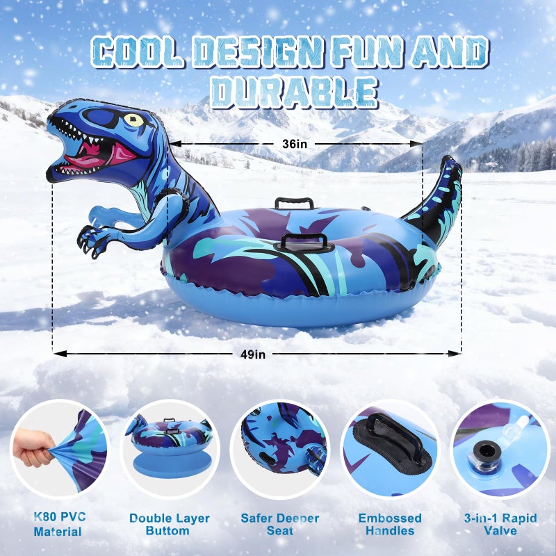 BSIEZC Dinosaur Snow Tube, Inflatable Snow Tube Snow Sled for Kids & Adults, Sledding Heavy Duty Reinforced Double Layers Bottom, Ideal Christmas Gifts Snow Toys Winter Outdoors Fun Boys Girls(1 Pack) - Image 2