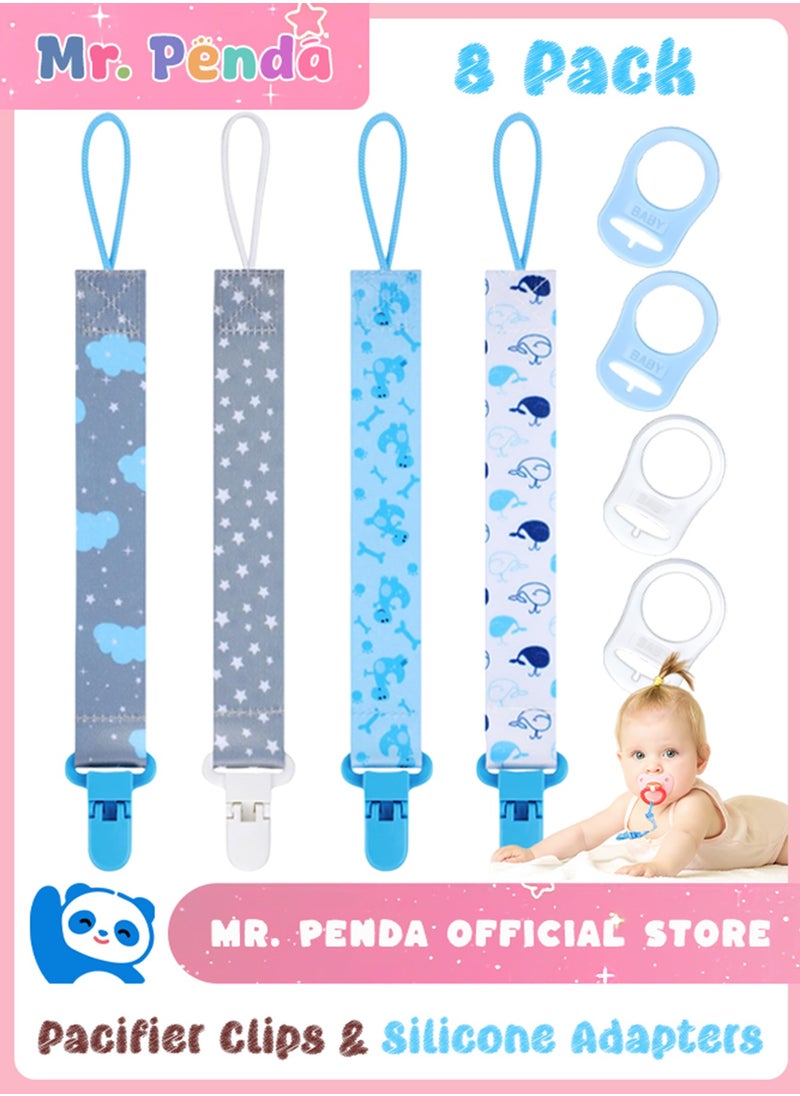 Mr. Penda 4 Pack Baby Pacifier Chain with 4 Adapters, Silicone Ring Adapter, Chain Straps for Pacifier Clip, Teething Toys for Baby (Blue)  - Image 1