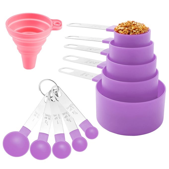 MEASURING CUPS AND SPOONS SET OF KITCHEN GADGETS 10 PIECES STACKABLE STAINLESS STEEL HANDLE MEASURING CUPS FOR MEASURING DRY AND LIQUID INGREDIENT MAUVE