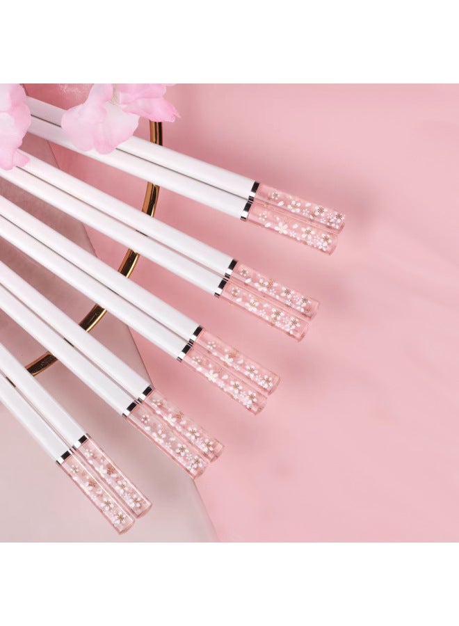 Household Chopsticks Cherry Blossom High-end Alloy Chopsticks Wholesale Light Luxury Anti-slip Japanese-style Crystal Pointed High-value Chopsticks-Color:White Chopsticks Body Powder Cherry 5 Double Card Simple Outfit  - Image 4