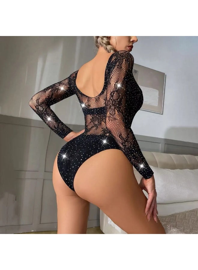 4basix Women's Body Stockings Fishnet Crystal Diamond Dress long sleeves Sexy Lingerie Bodysuit Crotchless Lingerie Teddy Sheer Lingeries, One Size - Image 4