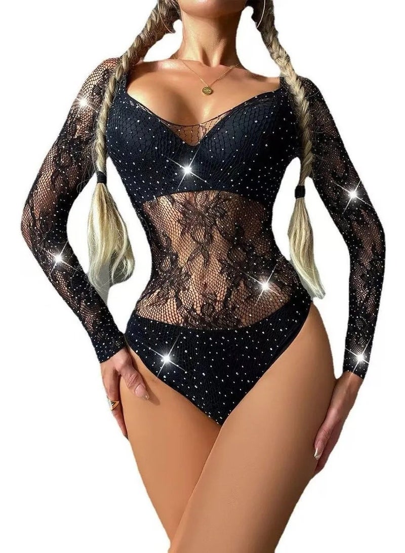 4basix Women's Body Stockings Fishnet Crystal Diamond Dress long sleeves Sexy Lingerie Bodysuit Crotchless Lingerie Teddy Sheer Lingeries, One Size - Image 3