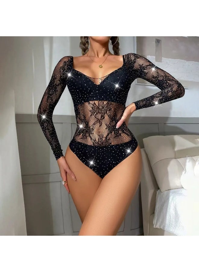 4basix Women's Body Stockings Fishnet Crystal Diamond Dress long sleeves Sexy Lingerie Bodysuit Crotchless Lingerie Teddy Sheer Lingeries, One Size - Image 5