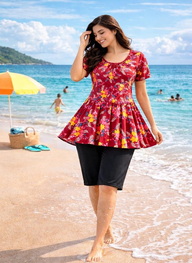 NLW Women's Modest Swim Dress Set, Floral Print, Quick-Dry Fabric, 4-Way Stretch, Attached Knee-Length Shorts, Full Coverage (in, Alpha, 3XL, Regular) Red - Image 5