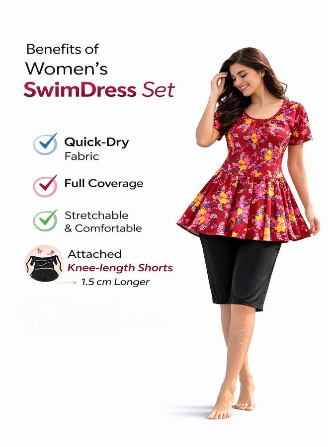 NLW Women's Modest Swim Dress Set, Floral Print, Quick-Dry Fabric, 4-Way Stretch, Attached Knee-Length Shorts, Full Coverage (in, Alpha, 3XL, Regular) Red - Image 4
