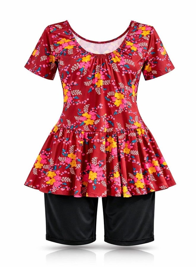 NLW Women's Modest Swim Dress Set, Floral Print, Quick-Dry Fabric, 4-Way Stretch, Attached Knee-Length Shorts, Full Coverage (in, Alpha, 3XL, Regular) Red - Image 1