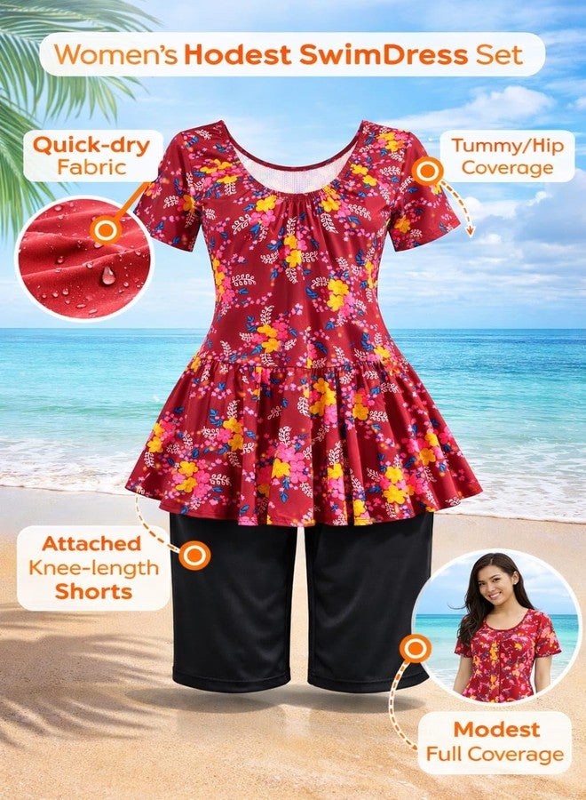 NLW Women's Modest Swim Dress Set, Floral Print, Quick-Dry Fabric, 4-Way Stretch, Attached Knee-Length Shorts, Full Coverage (in, Alpha, 3XL, Regular) Red - Image 3