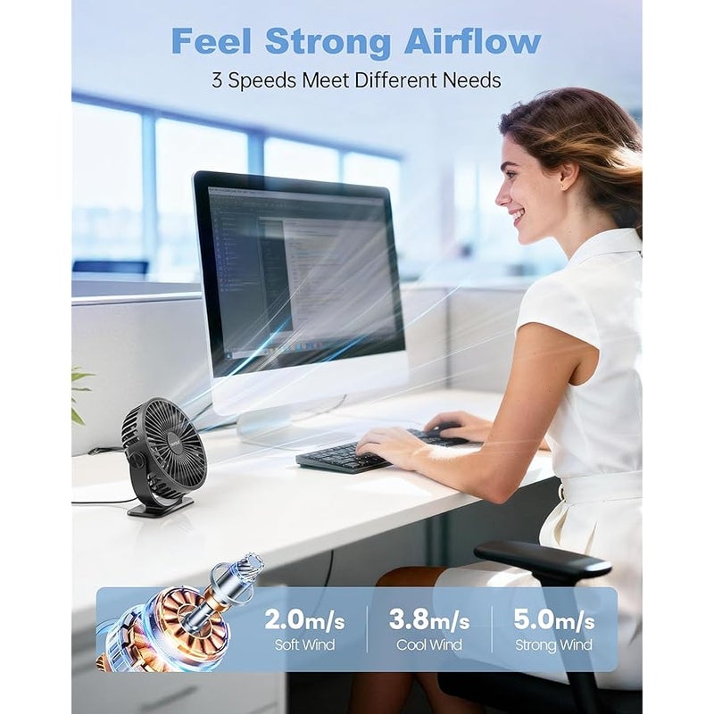 TriPole Desk Fan USB Powered Small Portable Fan, 3 Speeds Adjustable Strong Breeze Mini Personal Fan, 360° Rotation Quiet Plug In USB Fan for Desktop Bedroom Office Table Travel, Black, 4.9ft Cable - Image 2