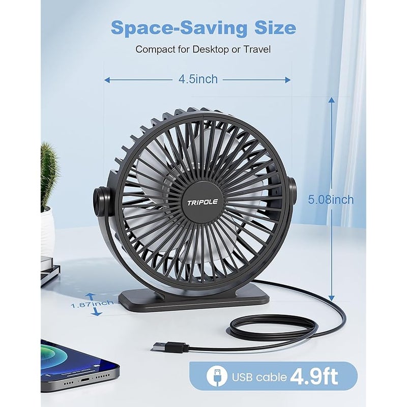 TriPole Desk Fan USB Powered Small Portable Fan, 3 Speeds Adjustable Strong Breeze Mini Personal Fan, 360° Rotation Quiet Plug In USB Fan for Desktop Bedroom Office Table Travel, Black, 4.9ft Cable - Image 3