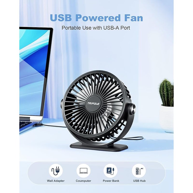TriPole Desk Fan USB Powered Small Portable Fan, 3 Speeds Adjustable Strong Breeze Mini Personal Fan, 360° Rotation Quiet Plug In USB Fan for Desktop Bedroom Office Table Travel, Black, 4.9ft Cable - Image 4