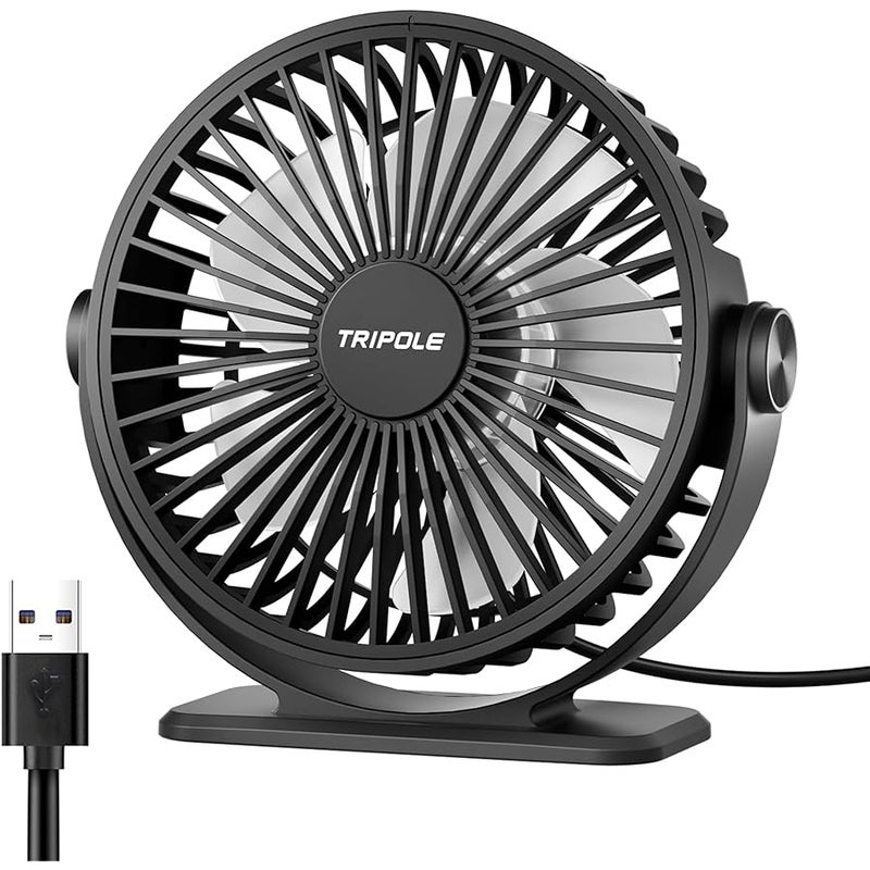 TriPole Desk Fan USB Powered Small Portable Fan, 3 Speeds Adjustable Strong Breeze Mini Personal Fan, 360° Rotation Quiet Plug In USB Fan for Desktop Bedroom Office Table Travel, Black, 4.9ft Cable - Image 1