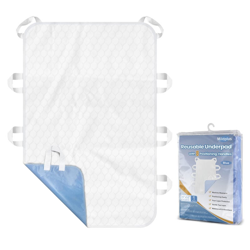 MILDPLUS Washable Bed Pads with 8 Sturdy Handles 34â€Ã—52â€ Extra Large Reusable Underpads 4-Layers Leakproof Chucks Pads Washable for Incontinence (1 Pack; Blue) - Image 1