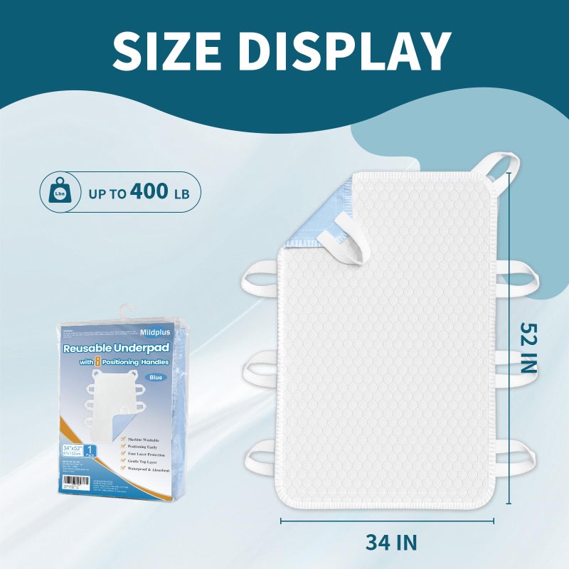 MILDPLUS Washable Bed Pads with 8 Sturdy Handles 34â€Ã—52â€ Extra Large Reusable Underpads 4-Layers Leakproof Chucks Pads Washable for Incontinence (1 Pack; Blue) - Image 3