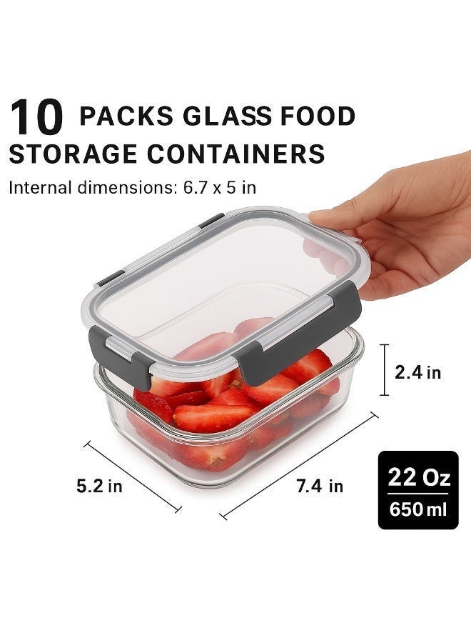 طقم حاويات طعام زجاجية – محكمة الإغلاق، مقاومة للتسرب، أغطية قفل محسّنة، آمنة للاستخدام في الميكروويف، خالية من BPA، مثالية لتخزين المطبخ، الميكروويف، الفريزر وغسالة الصحون – 650 مل، 22 أونصة، عبوة من 10 - Image 2