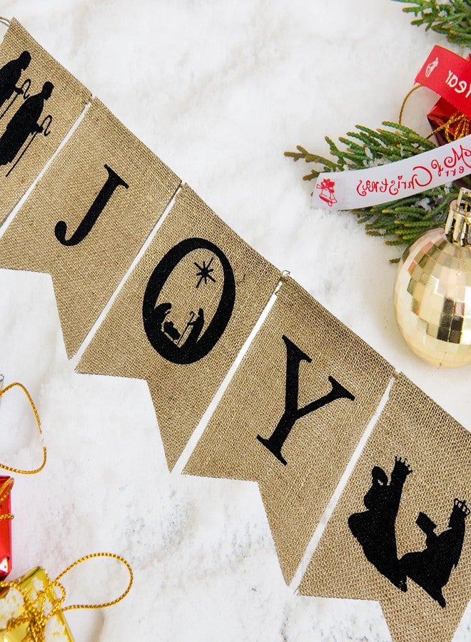 Doumeny Christmas Burlap Banner Nativity Joy Burlap Banner Nativity Scenes Bunting Banner Xmas Holiday Banner Garland Rustic Merry Christmas Hanging Banner for New Year Party Home Mantel Fireplace - Image 3