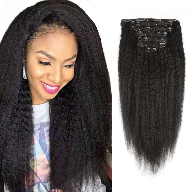 Sassina Italian Coarse Kinky Straight Clip in Human Hair Extensions Virgin Brazilian Thick Hair 120Grams 7 Pieces With 17 Clips Per Set For Full Head KS 22 Inch