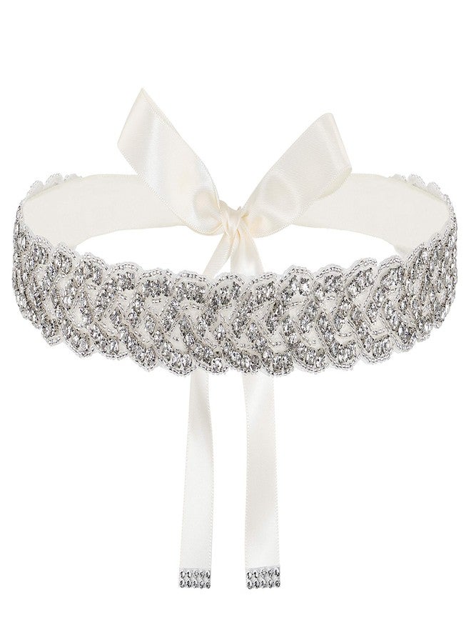 Lovful Handmade Bridal Belt, Rhinestone Wedding Dress Belts, Ribbon Crystal Sash for Women, Ivory - Image 1