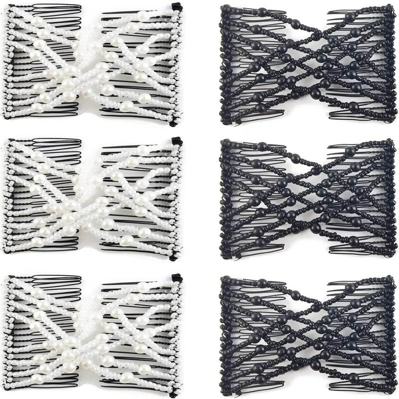 NSBELL 6PCS Beads Hair Combs Magic Elastic Hair Clips Stretchy Hair Comb Double Clips for Women Girls Hair Accessory