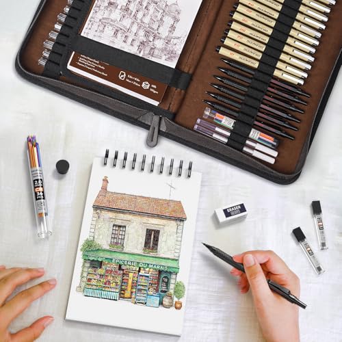 Nicpro 58PCS Art Drawing Supplies Kit in Leather Case, MP1000 Black Metal Mechanical Pencil Set with Drafting Pencil 0.5, 0.7, 0.9 & 2mm, 12 Micron Pen, Sketch Book, 30 Tube Lead Refills for Sketching - Image 5