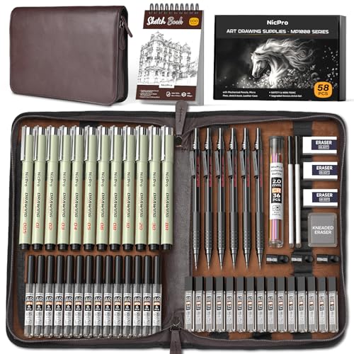 Nicpro 58PCS Art Drawing Supplies Kit in Leather Case, MP1000 Black Metal Mechanical Pencil Set with Drafting Pencil 0.5, 0.7, 0.9 & 2mm, 12 Micron Pen, Sketch Book, 30 Tube Lead Refills for Sketching - Image 1