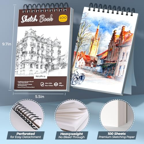 Nicpro 58PCS Art Drawing Supplies Kit in Leather Case, MP1000 Black Metal Mechanical Pencil Set with Drafting Pencil 0.5, 0.7, 0.9 & 2mm, 12 Micron Pen, Sketch Book, 30 Tube Lead Refills for Sketching - Image 4