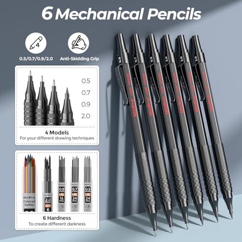 Nicpro 58PCS Art Drawing Supplies Kit in Leather Case, MP1000 Black Metal Mechanical Pencil Set with Drafting Pencil 0.5, 0.7, 0.9 & 2mm, 12 Micron Pen, Sketch Book, 30 Tube Lead Refills for Sketching - Image 2
