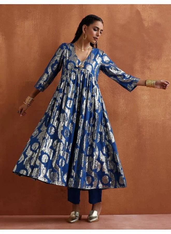 ترو برونز trueBrowns Blue Metallic Flared Anarkali Kurta Set