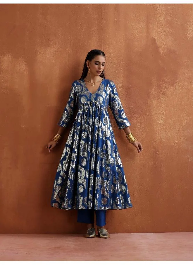 ترو برونز trueBrowns Blue Metallic Flared Anarkali Kurta Set