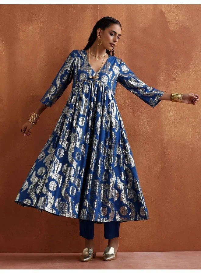 trueBrowns Blue Metallic Flared Anarkali Kurta Set