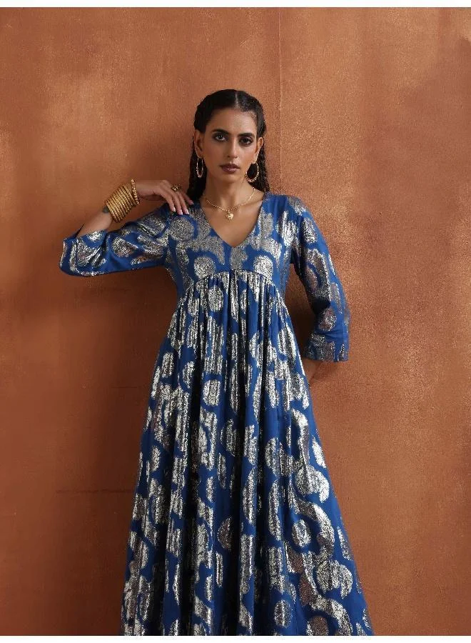 trueBrowns Blue Metallic Flared Anarkali Kurta Set